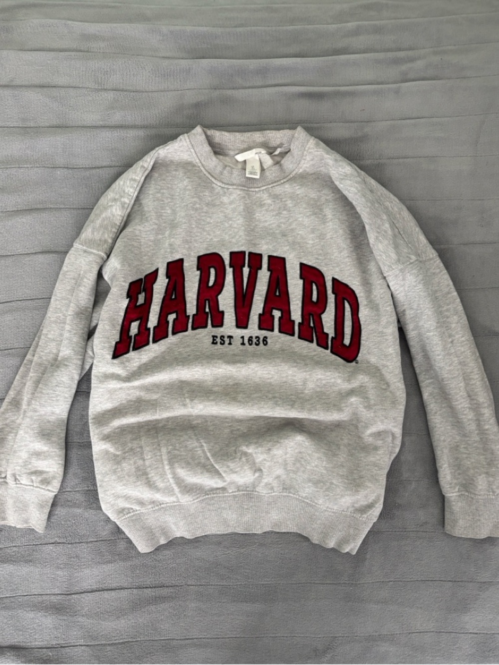 H&M Oversized Gray Crewneck Sweatshirt with Red Harvard Arch